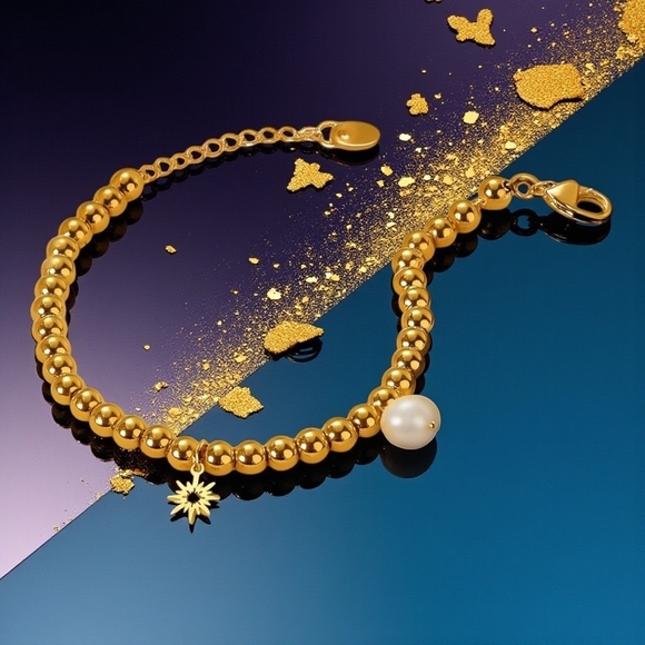 ๐๏ธ18K Gold Plated Stainless Steel Beaded Bracelet with Sun & Pearl Charms โจ - Picture 4 of 14